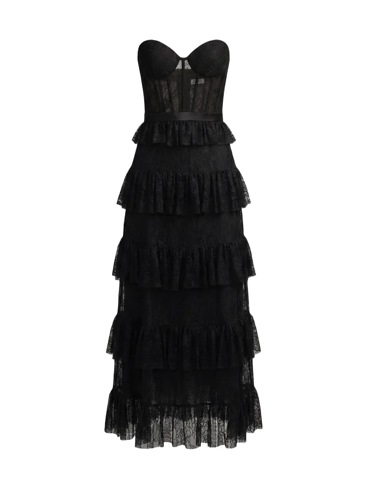 Women's Ruffled Bustier Lace Strapless Midi Dress
