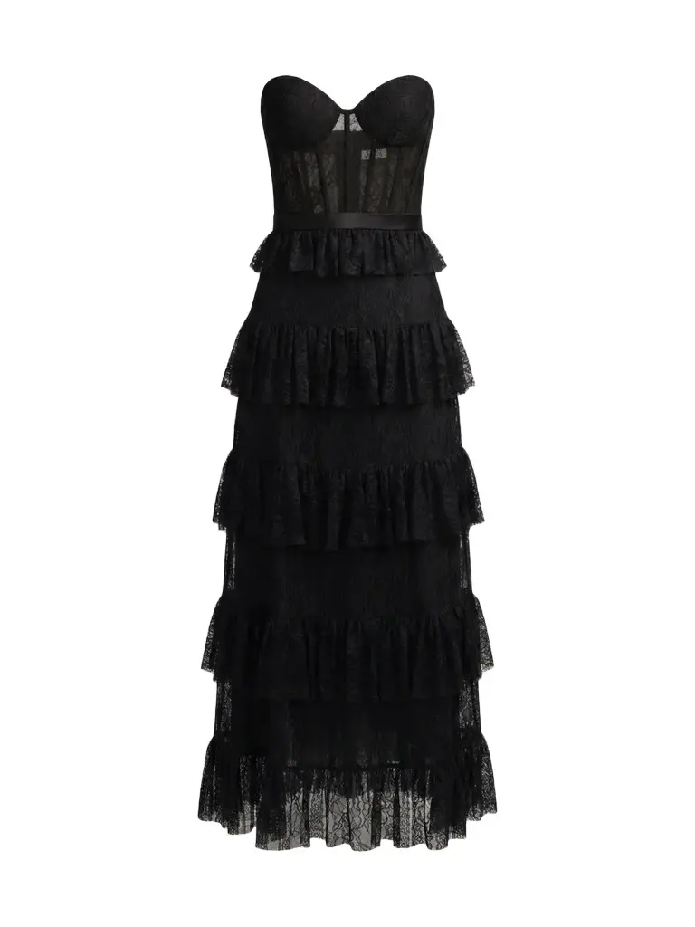 Women's Ruffled Bustier Lace Strapless Midi Dress Women's Ruffled Bustier Lace Strapless Midi Dress