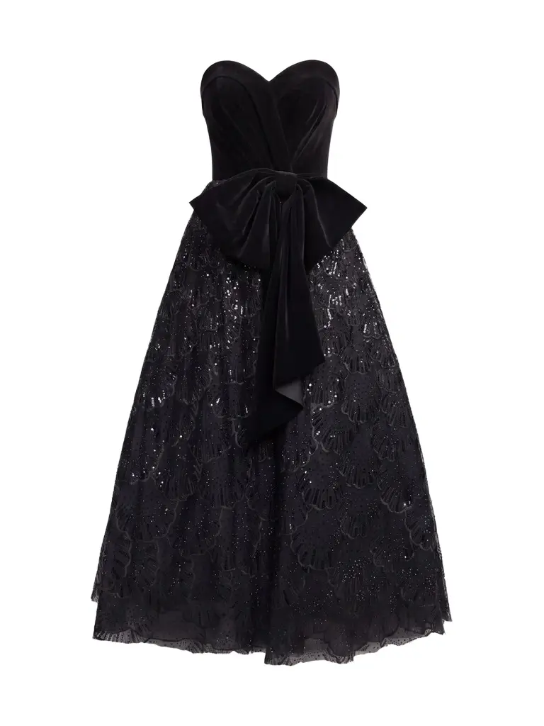 Women's Sequined Strapless Velvet-Bow Midi Dress Women's Sequined Strapless Velvet-Bow Midi Dress