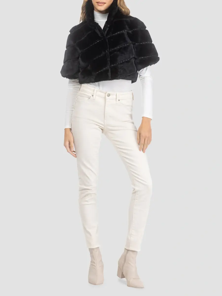 Gorski Women's Select Shearling Lamb Diagonal Bolero with Cropped Sleeves - Black | Thumbnail 2 Gorski Women's Select Shearling Lamb Diagonal Bolero with Cropped Sleeves - Black | Thumbnail 2