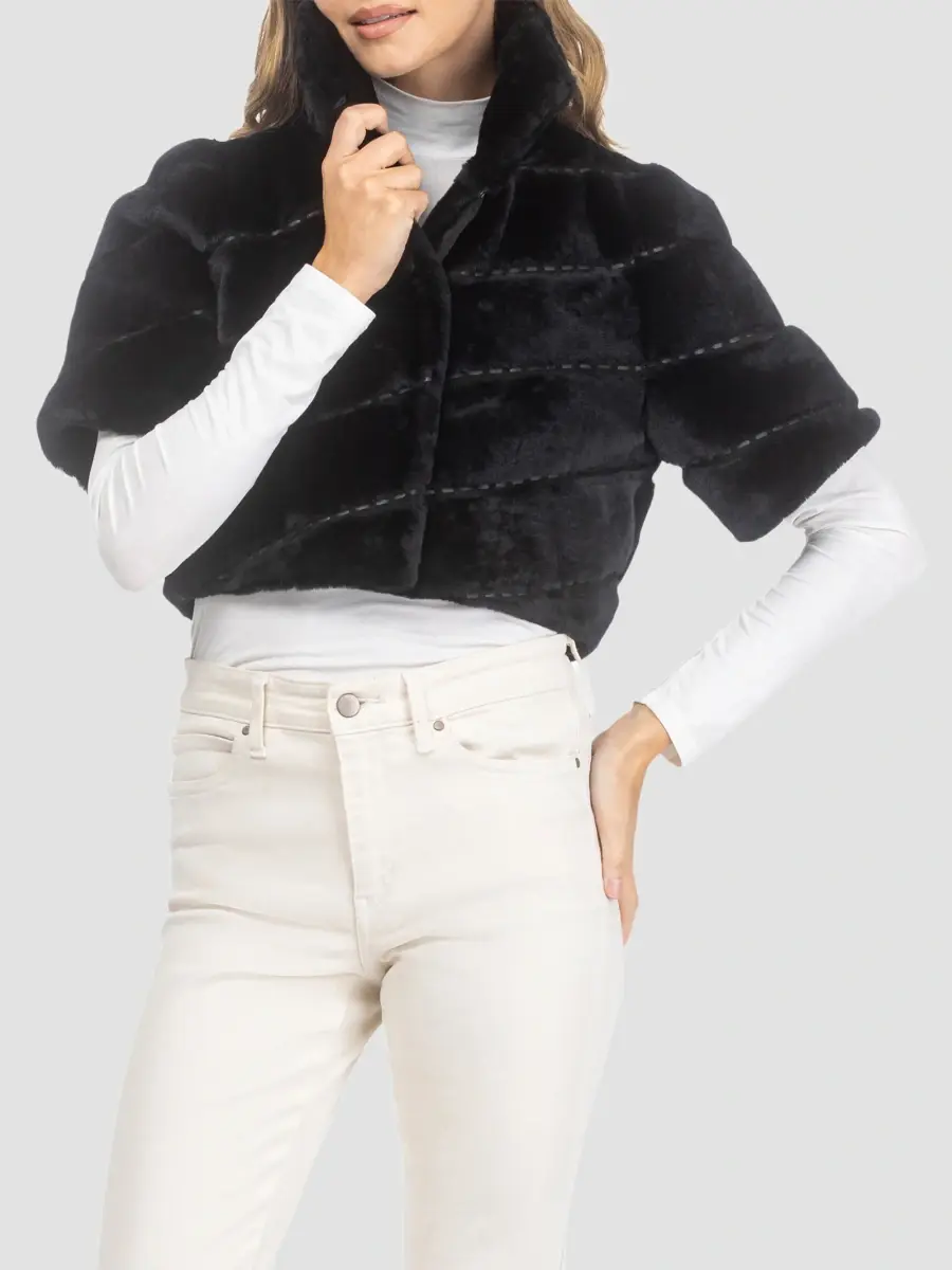 Gorski Women's Select Shearling Lamb Diagonal Bolero with Cropped Sleeves - Black | Thumbnail 3 Gorski Women's Select Shearling Lamb Diagonal Bolero with Cropped Sleeves - Black | Thumbnail 3