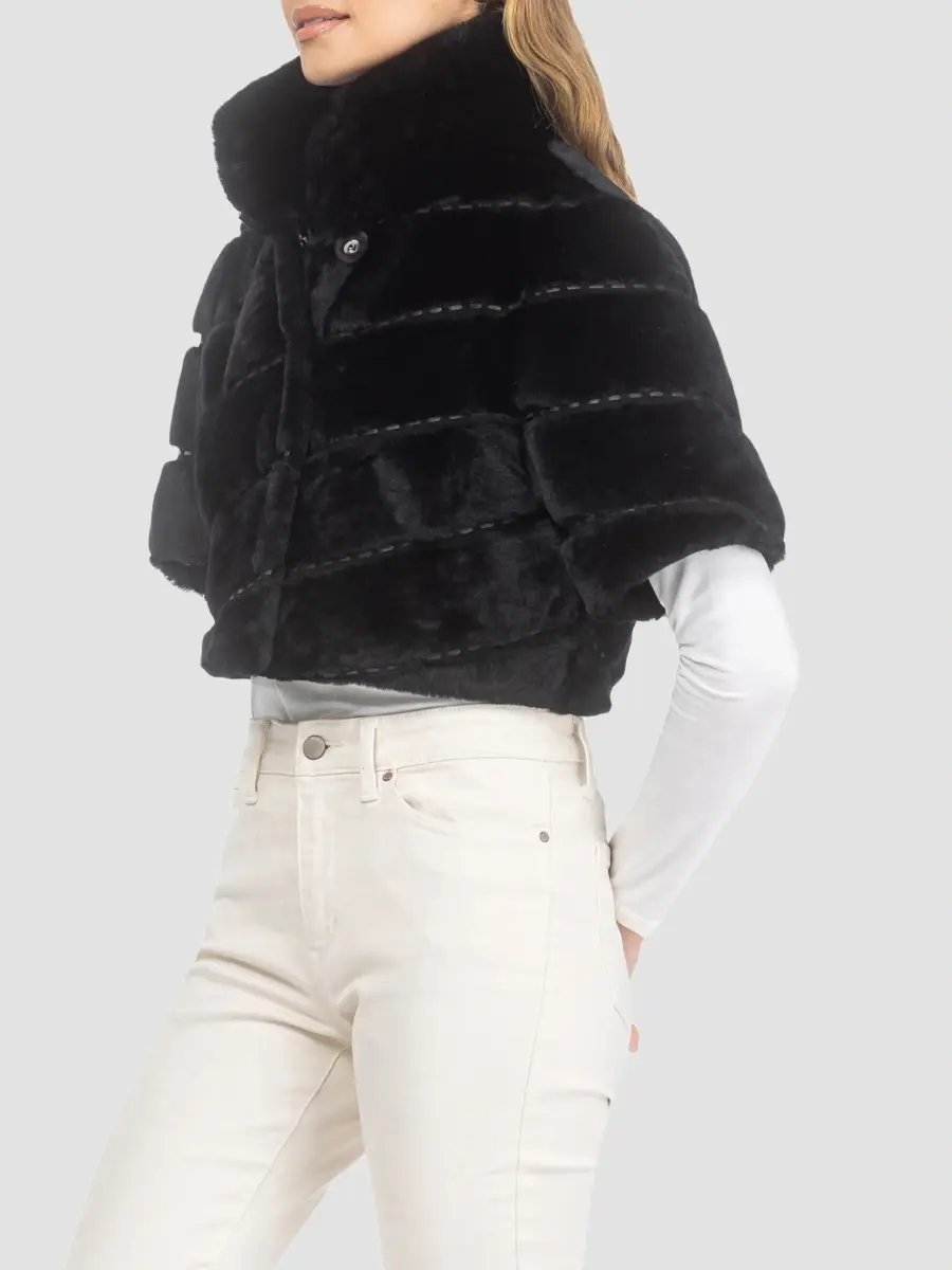 Gorski Women's Select Shearling Lamb Diagonal Bolero with Cropped Sleeves - Black | Thumbnail 4 Gorski Women's Select Shearling Lamb Diagonal Bolero with Cropped Sleeves - Black | Thumbnail 4