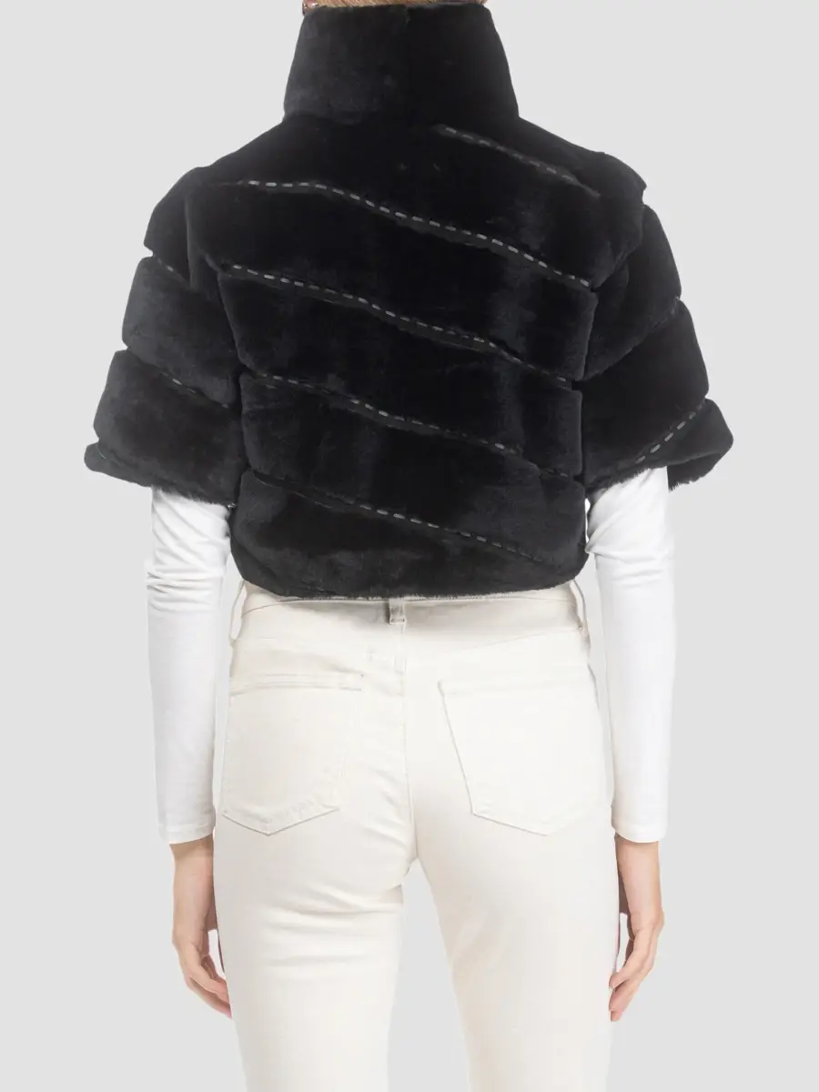 Gorski Women's Select Shearling Lamb Diagonal Bolero with Cropped Sleeves - Black | Thumbnail 5 Gorski Women's Select Shearling Lamb Diagonal Bolero with Cropped Sleeves - Black | Thumbnail 5