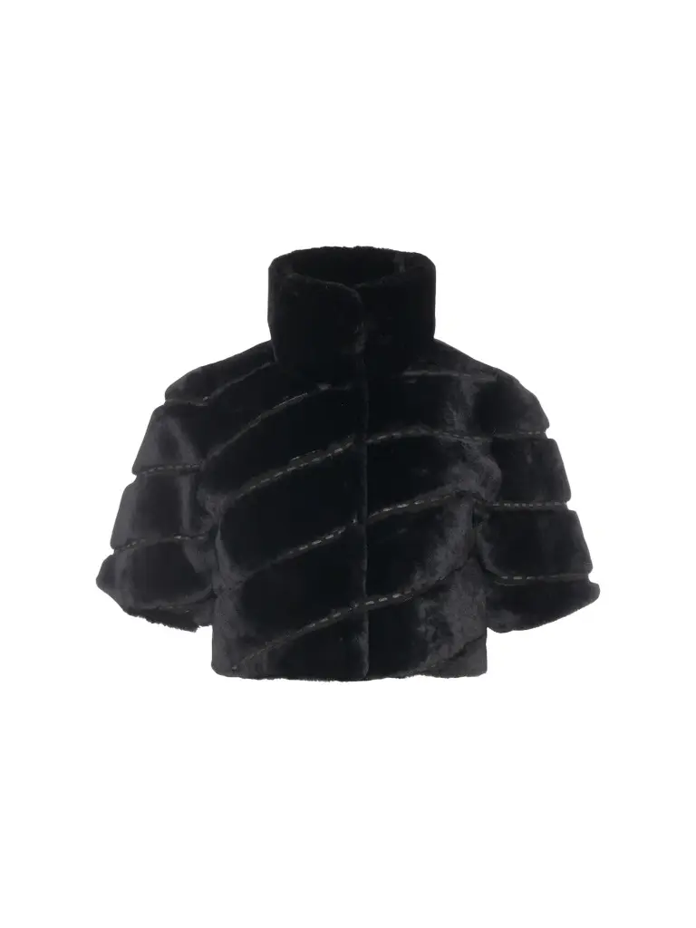 Women's Select Shearling Lamb Diagonal Bolero with Cropped Sleeves - Black