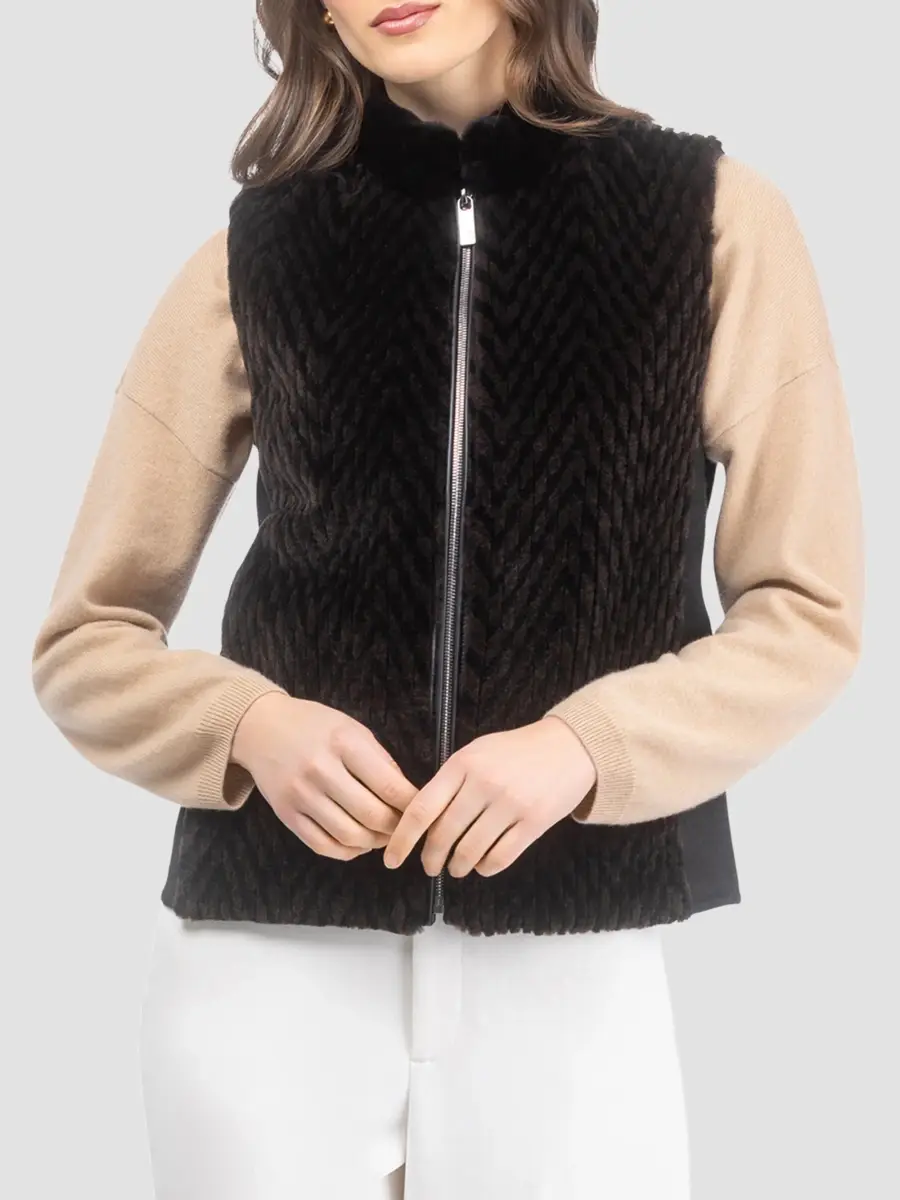 Gorski Women's Select Shearling Lamb Chevron Grooved Zip Vest | Thumbnail 4 Gorski Women's Select Shearling Lamb Chevron Grooved Zip Vest | Thumbnail 4