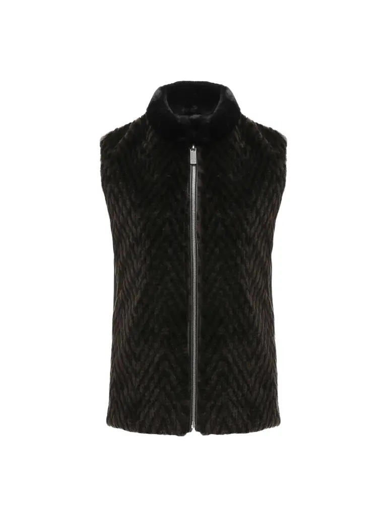 Gorski Women's Select Shearling Lamb Chevron Grooved Zip Vest