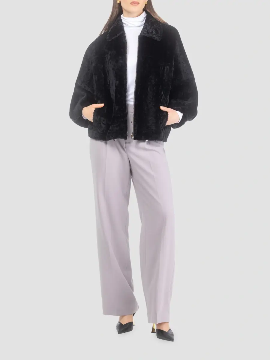 Gorski Women's Textured Shearling Lamb Zip Coat with Cropped Sleeves - Black | Thumbnail 2 Gorski Women's Textured Shearling Lamb Zip Coat with Cropped Sleeves - Black | Thumbnail 2