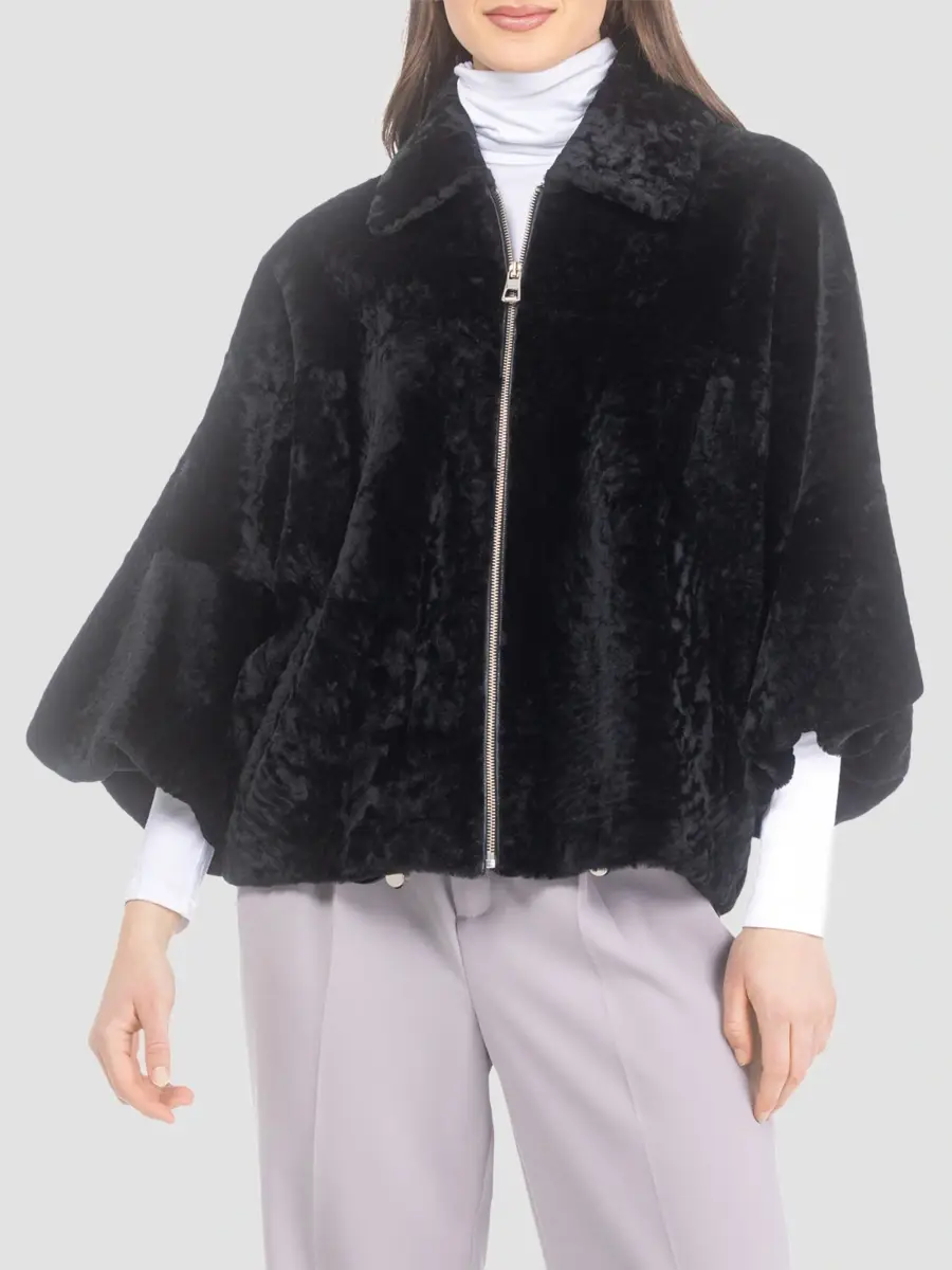 Gorski Women's Textured Shearling Lamb Zip Coat with Cropped Sleeves - Black | Thumbnail 3 Gorski Women's Textured Shearling Lamb Zip Coat with Cropped Sleeves - Black | Thumbnail 3