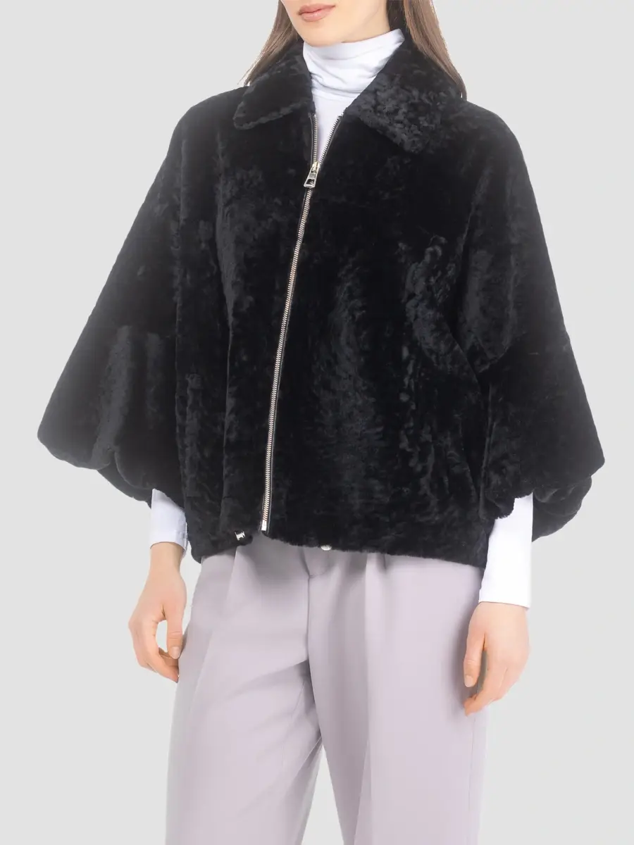Gorski Women's Textured Shearling Lamb Zip Coat with Cropped Sleeves - Black | Thumbnail 4 Gorski Women's Textured Shearling Lamb Zip Coat with Cropped Sleeves - Black | Thumbnail 4