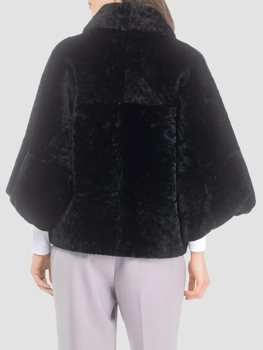 Gorski Women's Textured Shearling Lamb Zip Coat with Cropped Sleeves - Black | Thumbnail 5 Gorski Women's Textured Shearling Lamb Zip Coat with Cropped Sleeves - Black | Thumbnail 5