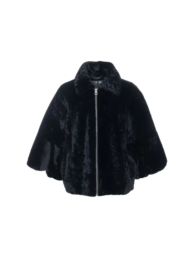 Gorski Women's Textured Shearling Lamb Zip Coat with Cropped Sleeves - Black