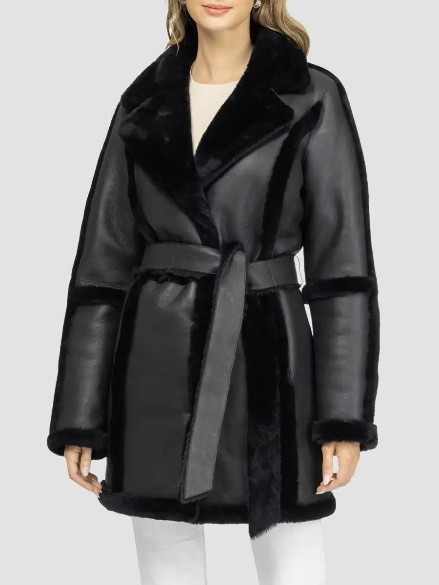 Gorski Women's Merino Shearling Lamb Stroller Coat with Spill Seam, Belt | Thumbnail 3 Gorski Women's Merino Shearling Lamb Stroller Coat with Spill Seam, Belt | Thumbnail 3