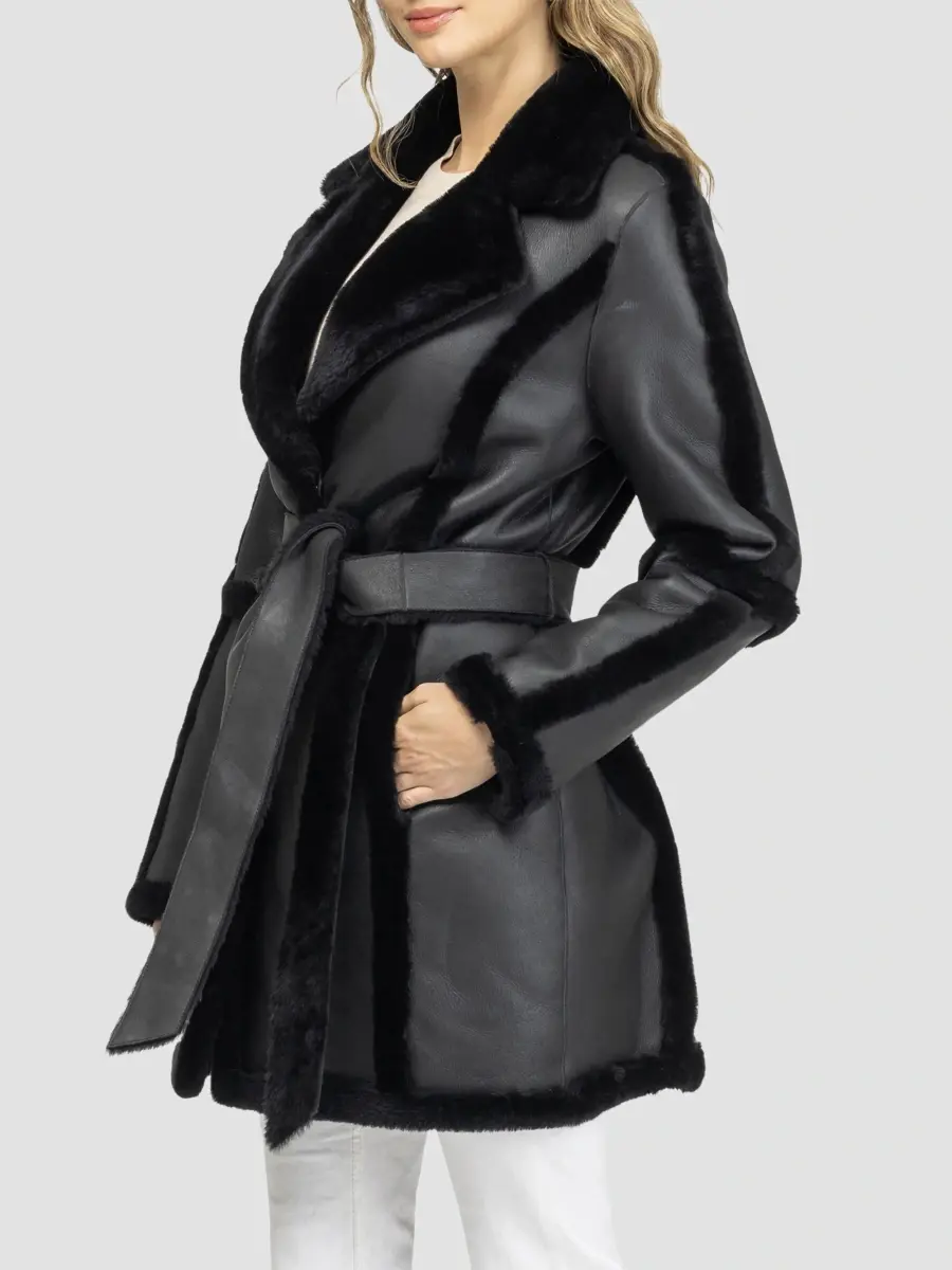 Gorski Women's Merino Shearling Lamb Stroller Coat with Spill Seam, Belt | Thumbnail 4 Gorski Women's Merino Shearling Lamb Stroller Coat with Spill Seam, Belt | Thumbnail 4