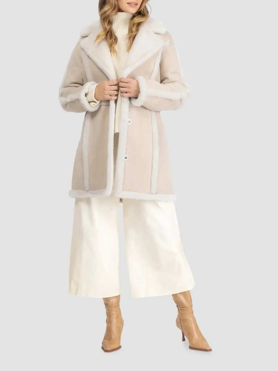 Gorski Women's Merino Shearling Lamb Stroller Coat with Spill Seam, Belt | Thumbnail 2 Gorski Women's Merino Shearling Lamb Stroller Coat with Spill Seam, Belt | Thumbnail 2