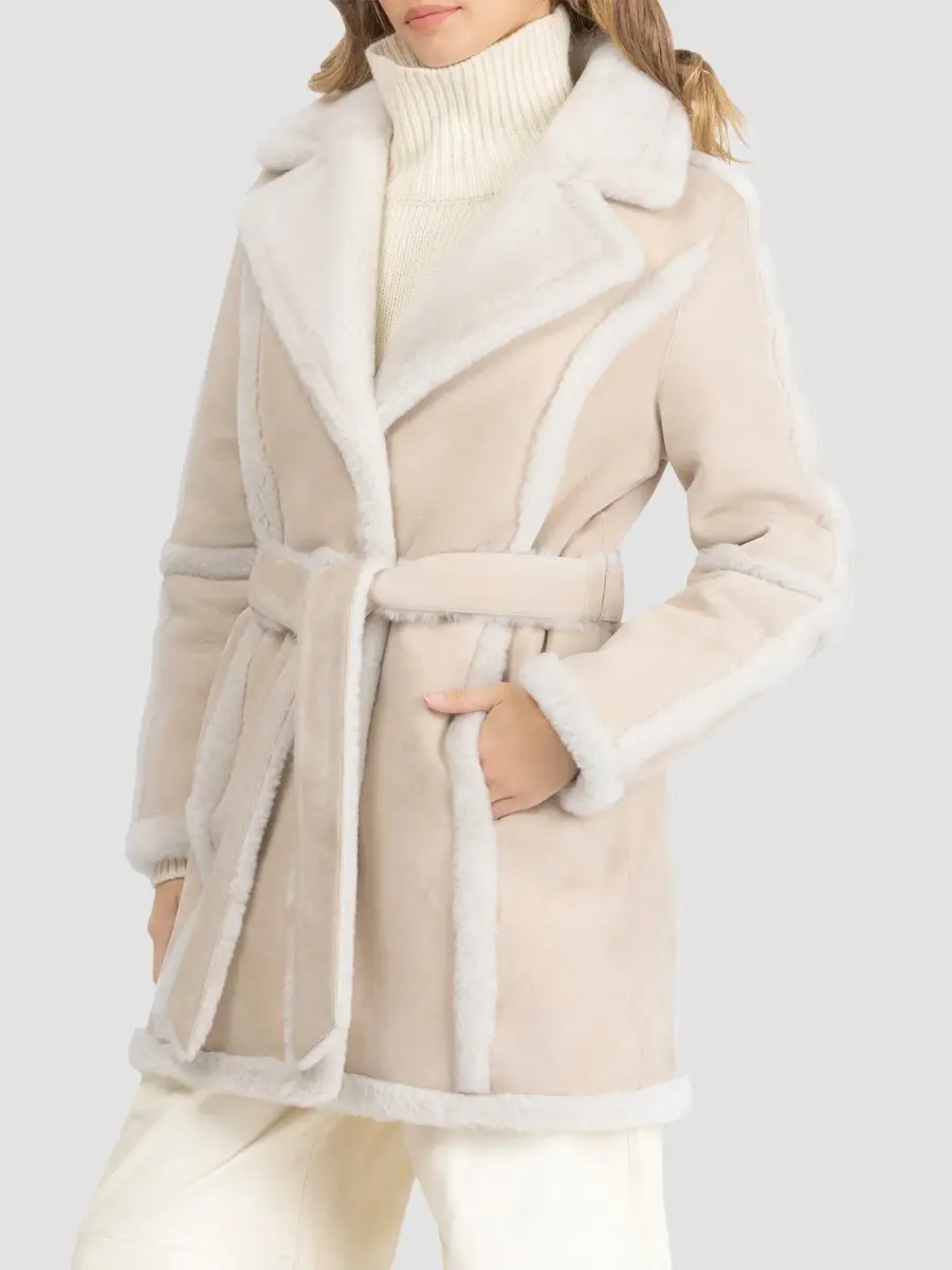 Gorski Women's Merino Shearling Lamb Stroller Coat with Spill Seam, Belt | Thumbnail 3 Gorski Women's Merino Shearling Lamb Stroller Coat with Spill Seam, Belt | Thumbnail 3