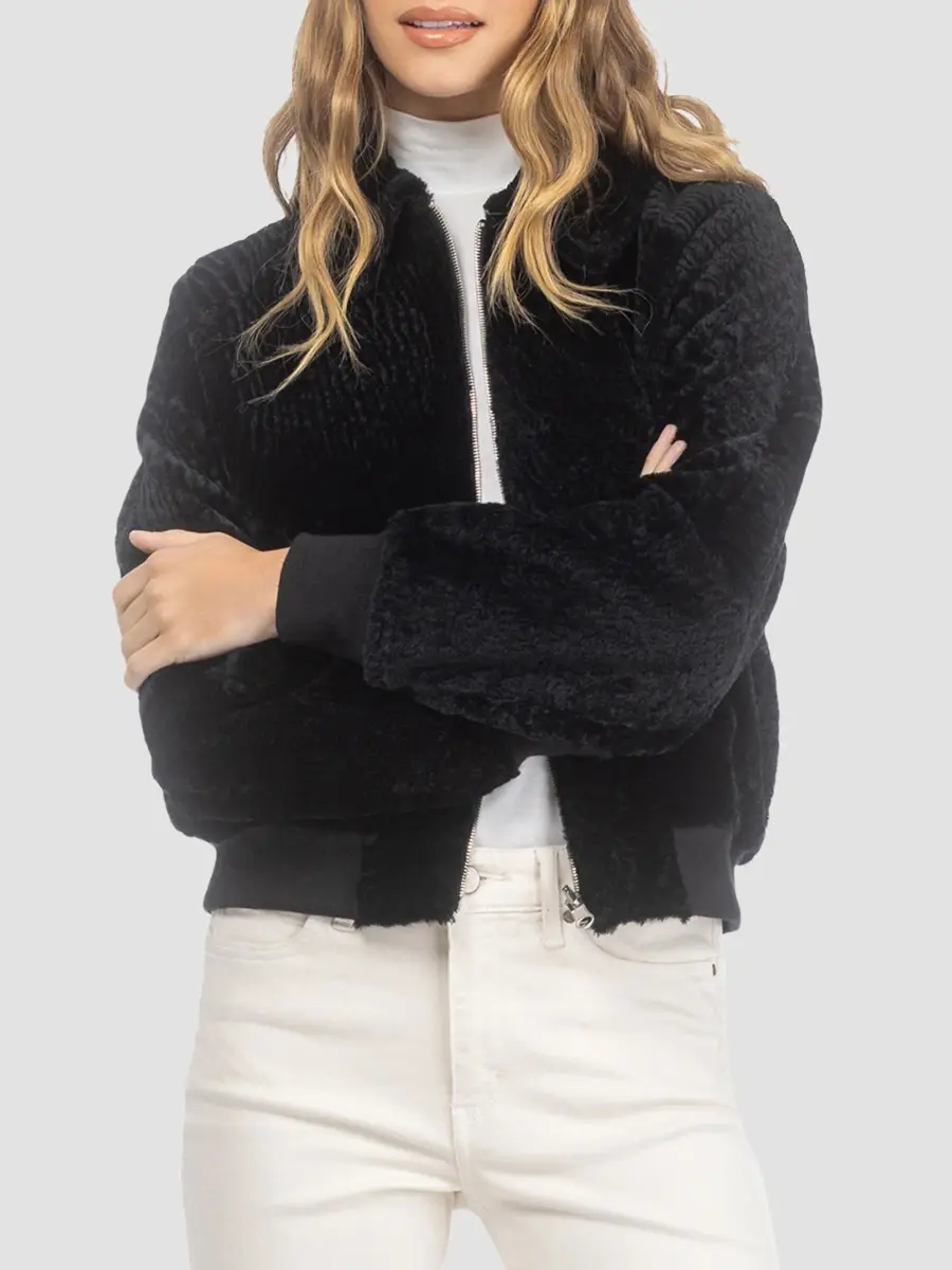 Gorski Women's Reversible Textured Shearling Lamb Zip Jacket | Thumbnail 3 Gorski Women's Reversible Textured Shearling Lamb Zip Jacket | Thumbnail 3