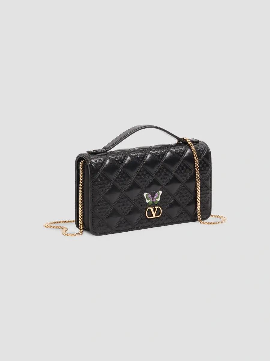 Valentino Women's Flutterby Chain Wallet in Shiny Nappa Leather with Butterfly Embroidery - Black | Thumbnail 2 Valentino Women's Flutterby Chain Wallet in Shiny Nappa Leather with Butterfly Embroidery - Black | Thumbnail 2