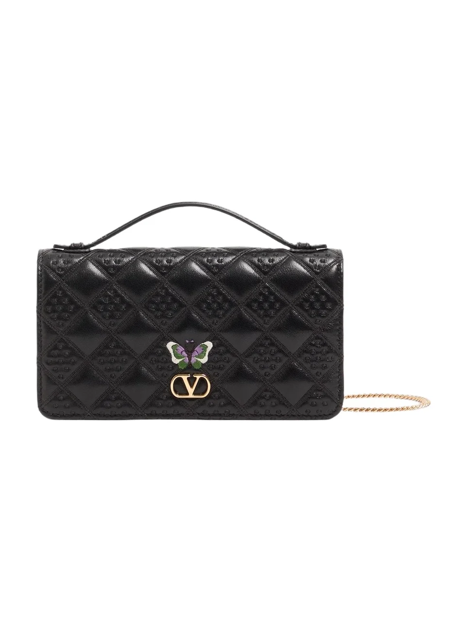 Valentino Women's Flutterby Chain Wallet in Shiny Nappa Leather with Butterfly Embroidery - Black