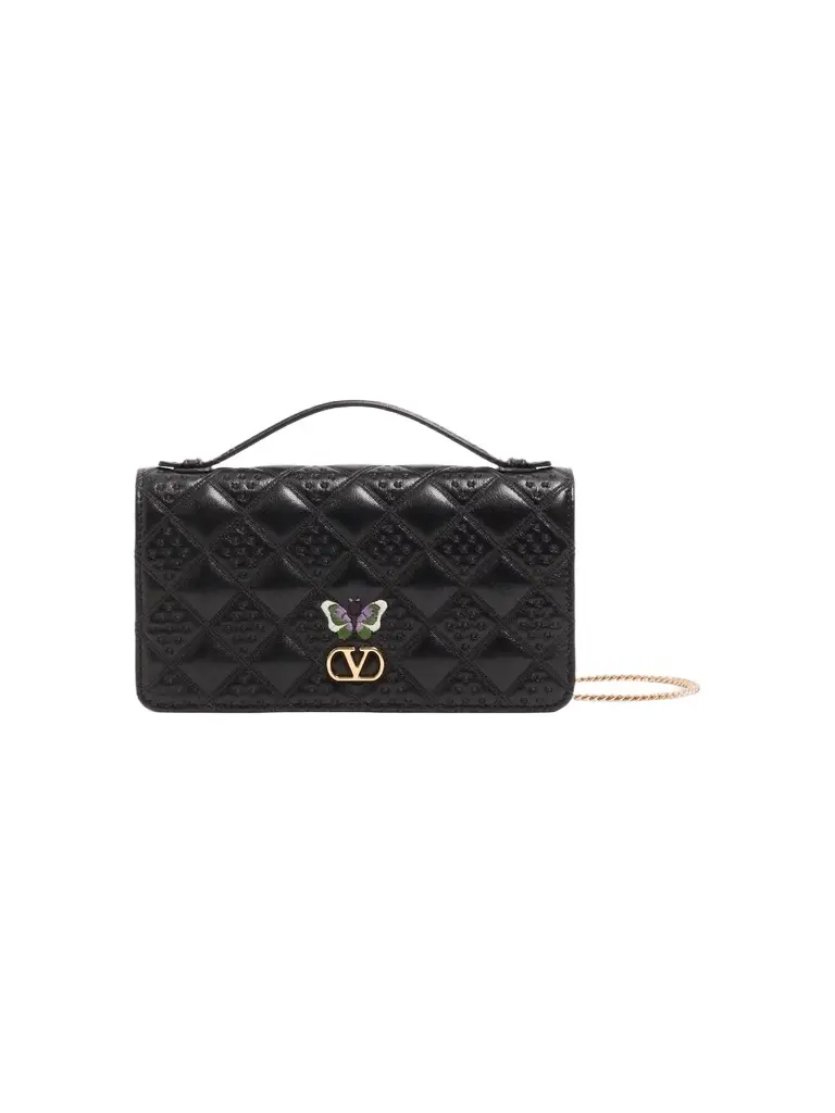 Valentino Women's Flutterby Chain Wallet in Shiny Nappa Leather with Butterfly Embroidery - Black
