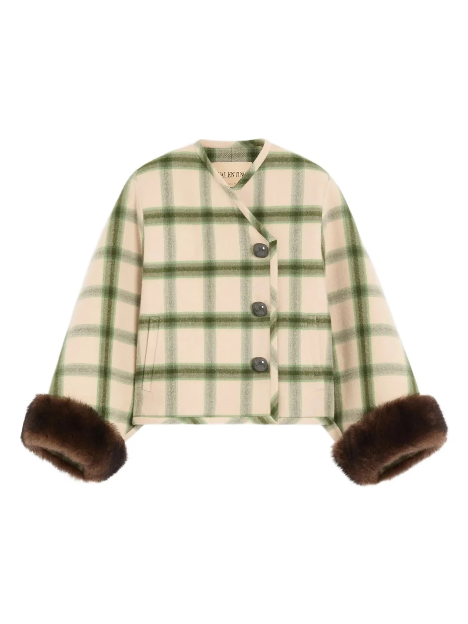 Valentino Women's Caban in Macro Window with Shearling - Vanilla Green