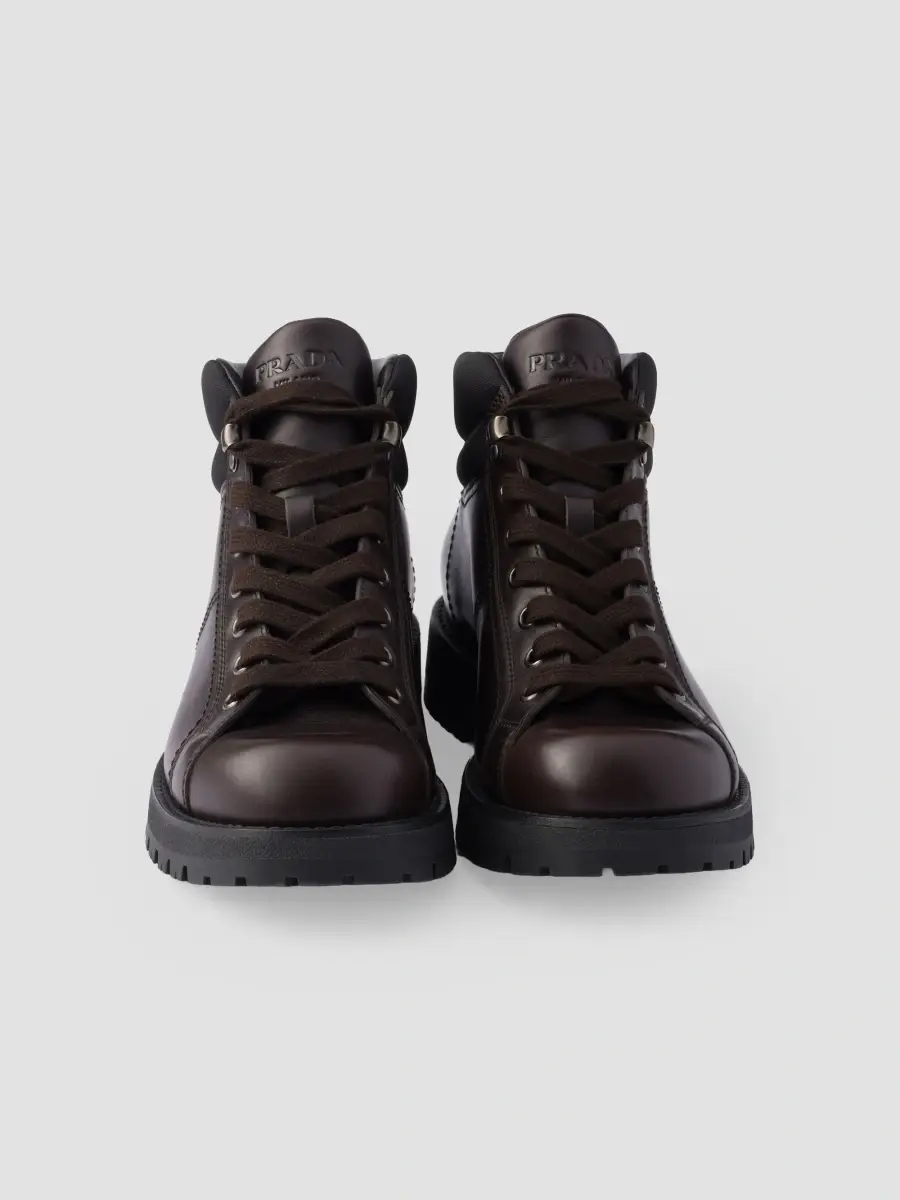 Prada Men's Lace-Up Leather and Re-Nylon Booties - Brown | Thumbnail 2 Prada Men's Lace-Up Leather and Re-Nylon Booties - Brown | Thumbnail 2