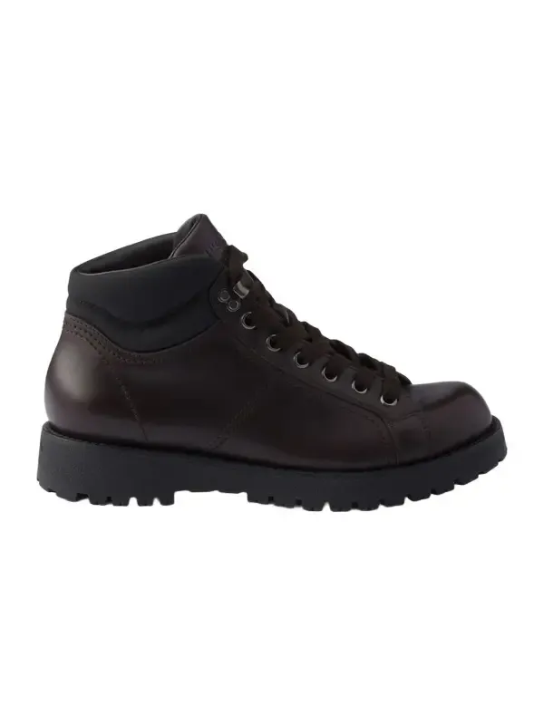 Prada Men's Lace-Up Leather and Re-Nylon Booties - Brown