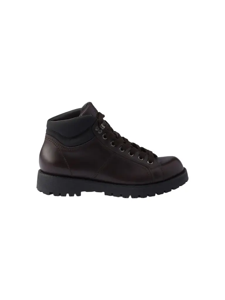 Prada Men's Lace-Up Leather and Re-Nylon Booties - Brown