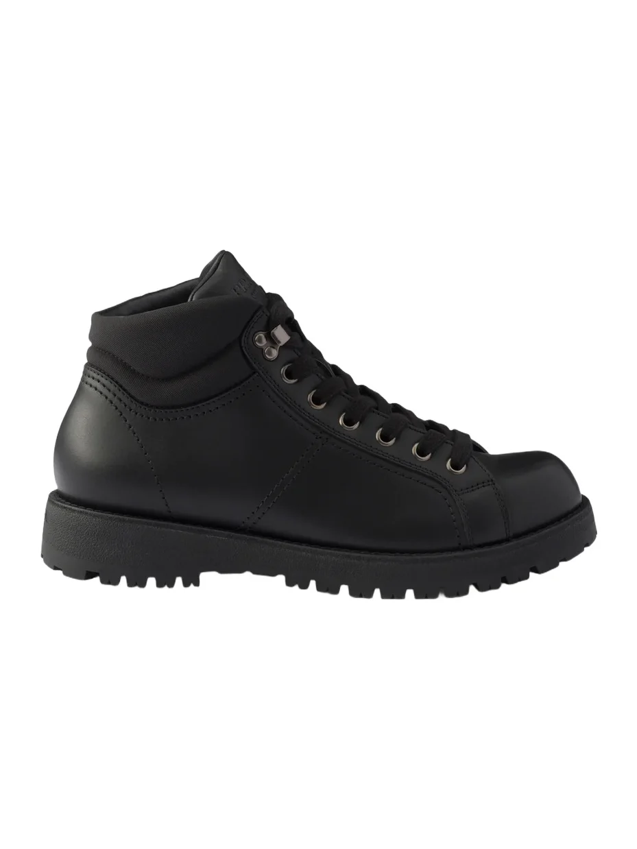 Prada Men's Lace-Up Leather and Re-Nylon Booties - Black