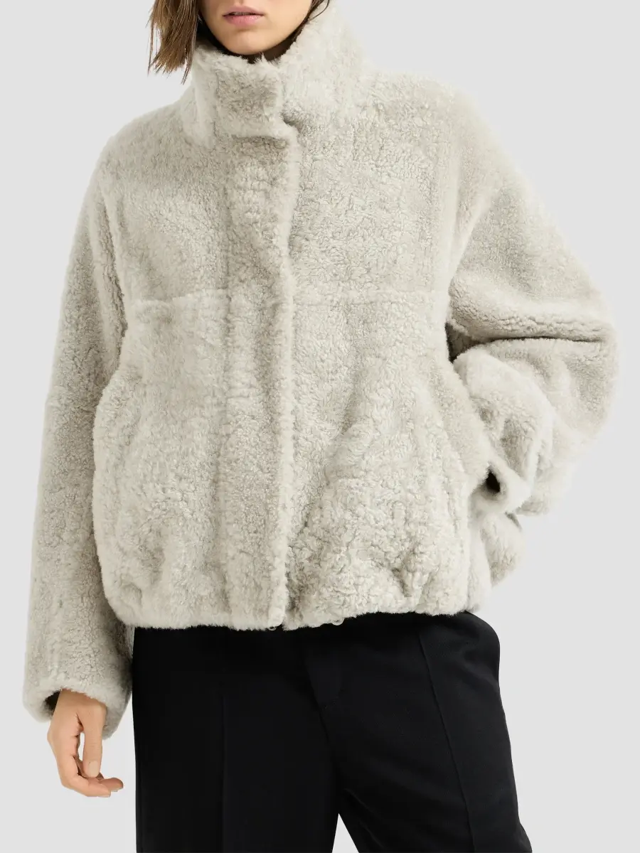 Brunello Cucinelli Women's Fuzzy Shearling Outerwear Coat with Monili - Grey | Thumbnail 2 Brunello Cucinelli Women's Fuzzy Shearling Outerwear Coat with Monili - Grey | Thumbnail 2