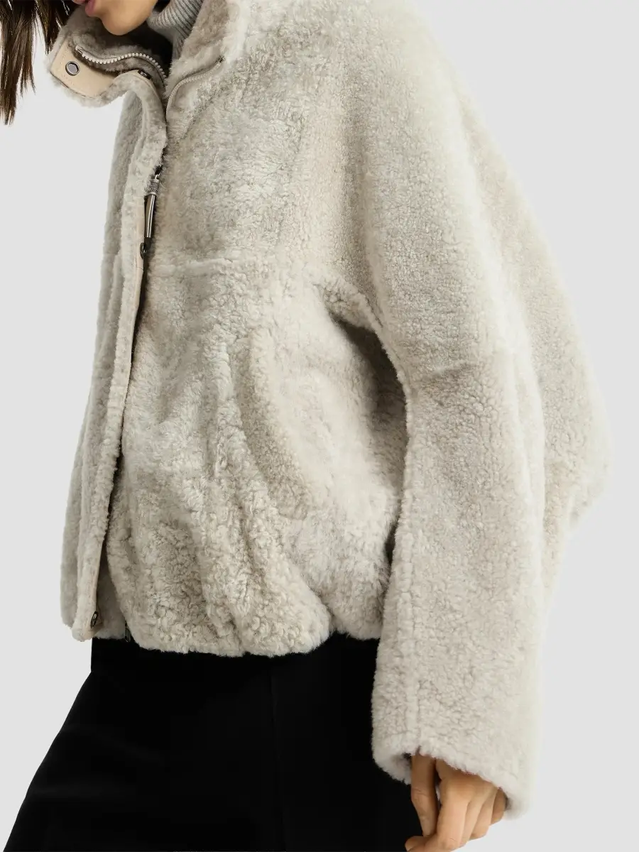 Brunello Cucinelli Women's Fuzzy Shearling Outerwear Coat with Monili - Grey | Thumbnail 4 Brunello Cucinelli Women's Fuzzy Shearling Outerwear Coat with Monili - Grey | Thumbnail 4