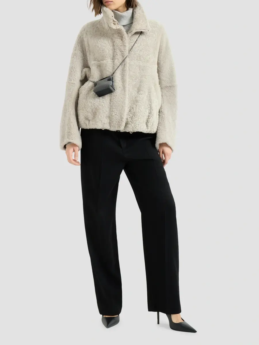 Brunello Cucinelli Women's Fuzzy Shearling Outerwear Coat with Monili - Grey | Thumbnail 6 Brunello Cucinelli Women's Fuzzy Shearling Outerwear Coat with Monili - Grey | Thumbnail 6