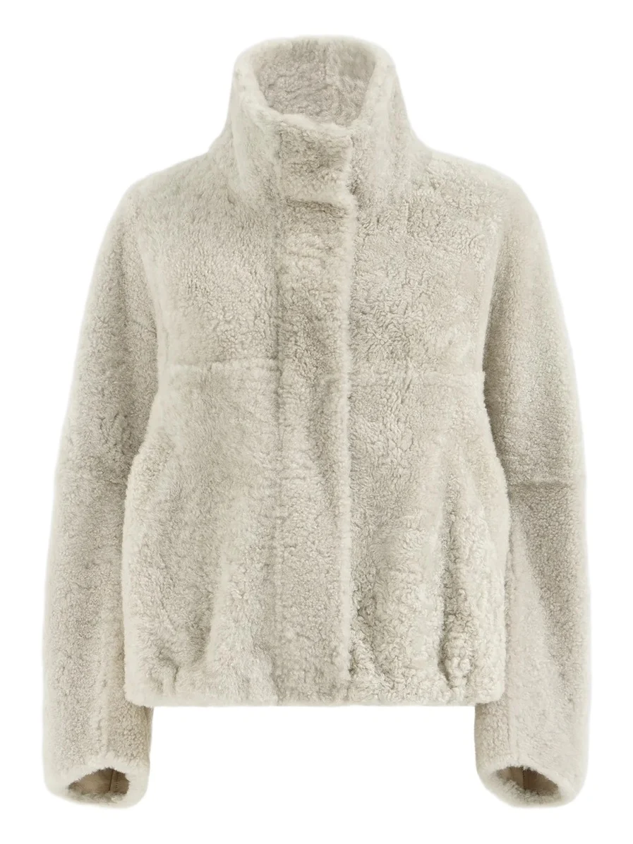 Brunello Cucinelli Women's Fuzzy Shearling Outerwear Coat with Monili - Grey