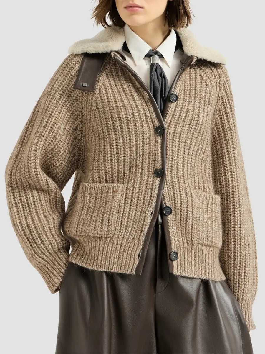 Brunello Cucinelli Women's Sparkling Cashmere, Mohair and Wool Ribbed Cardigan with Detachable Shearling Insert | Thumbnail 3 Brunello Cucinelli Women's Sparkling Cashmere, Mohair and Wool Ribbed Cardigan with Detachable Shearling Insert | Thumbnail 3