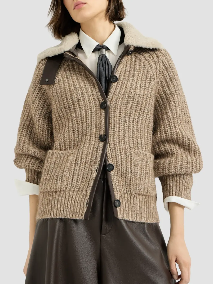 Brunello Cucinelli Women's Sparkling Cashmere, Mohair and Wool Ribbed Cardigan with Detachable Shearling Insert | Thumbnail 4 Brunello Cucinelli Women's Sparkling Cashmere, Mohair and Wool Ribbed Cardigan with Detachable Shearling Insert | Thumbnail 4