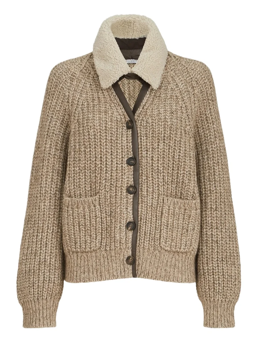 Women's Sparkling Cashmere, Mohair and Wool Ribbed Cardigan with Detachable Shearling Insert