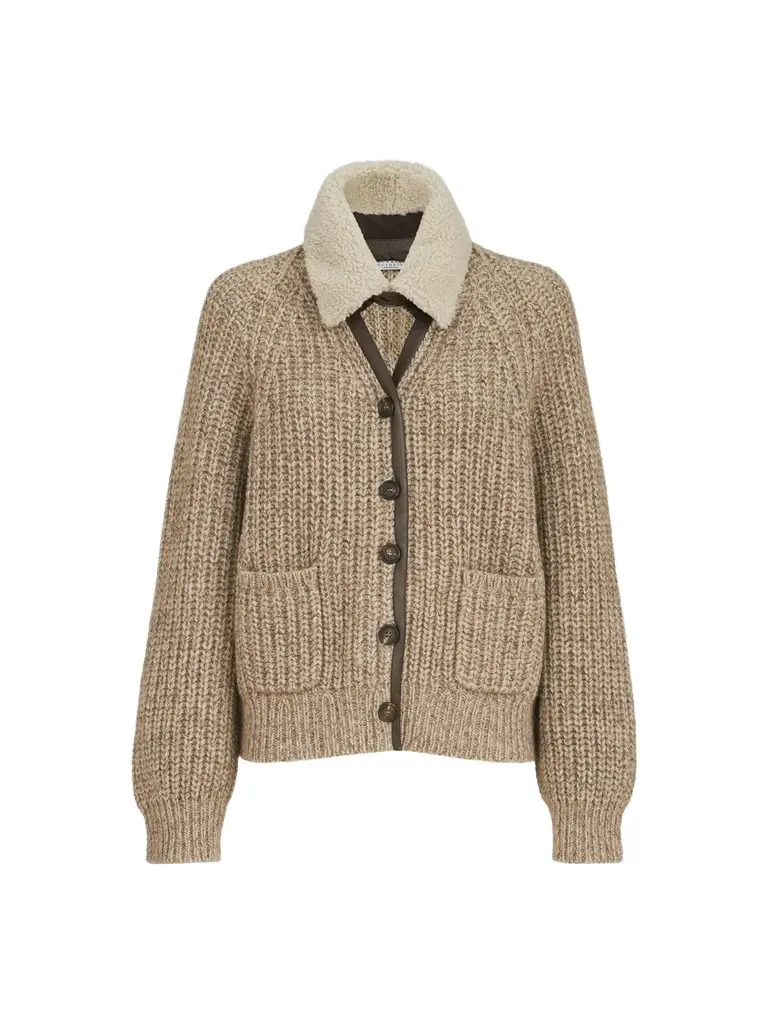 Women's Sparkling Cashmere, Mohair and Wool Ribbed Cardigan with Detachable Shearling Insert Women's Sparkling Cashmere, Mohair and Wool Ribbed Cardigan with Detachable Shearling Insert