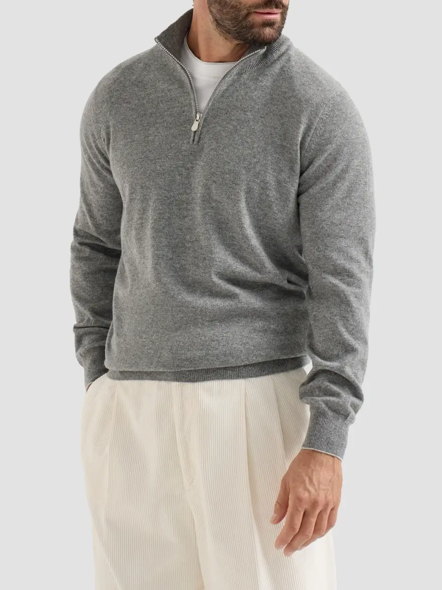 Brunello Cucinelli Men's Cashmere Sweater with Half Zip - Medium Grey | Thumbnail 3 Brunello Cucinelli Men's Cashmere Sweater with Half Zip - Medium Grey | Thumbnail 3