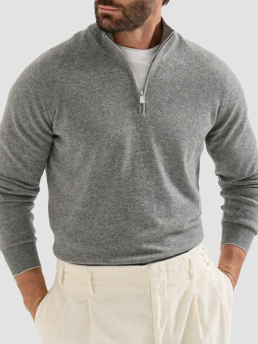 Brunello Cucinelli Men's Cashmere Sweater with Half Zip - Medium Grey | Thumbnail 5 Brunello Cucinelli Men's Cashmere Sweater with Half Zip - Medium Grey | Thumbnail 5