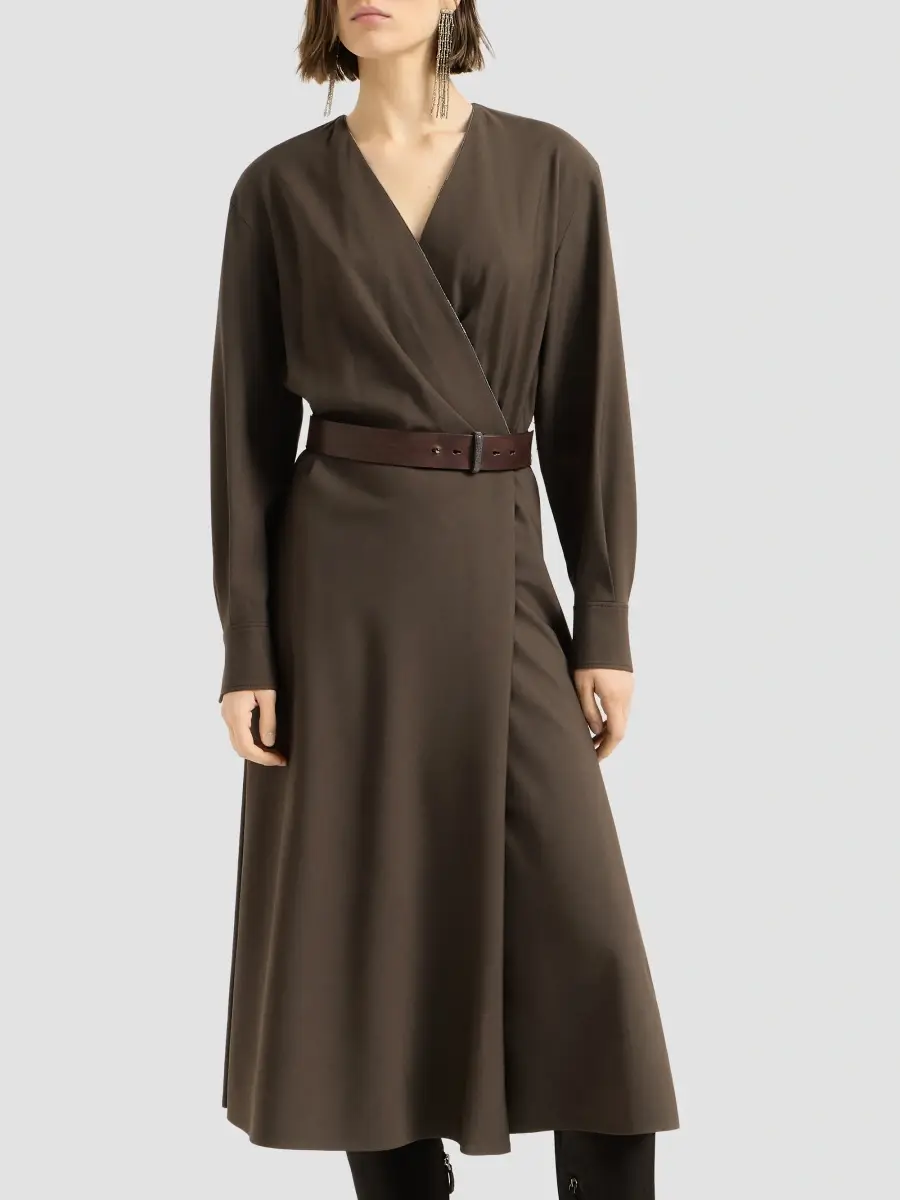 Brunello Cucinelli Women's Comfort Virgin Wool and Viscose Twill Dress with Belt and Monili - Pine Cone Brown | Thumbnail 2