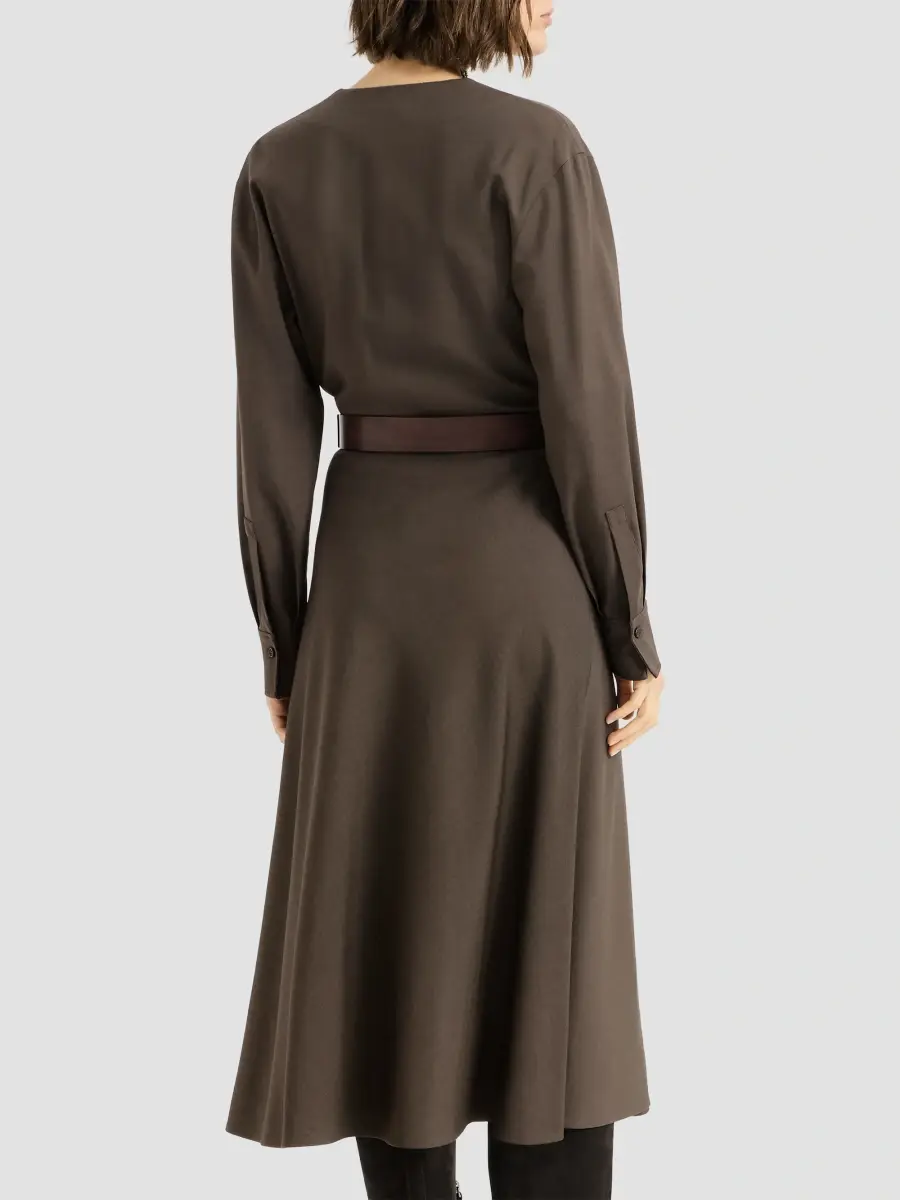 Brunello Cucinelli Women's Comfort Virgin Wool and Viscose Twill Dress with Belt and Monili - Pine Cone Brown | Thumbnail 3