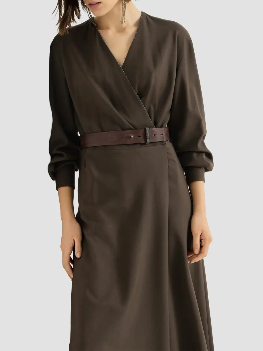 Brunello Cucinelli Women's Comfort Virgin Wool and Viscose Twill Dress with Belt and Monili - Pine Cone Brown | Thumbnail 4