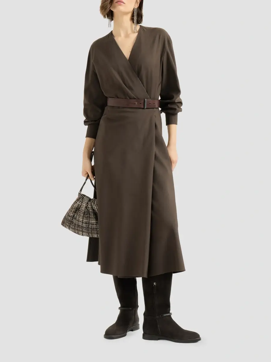 Brunello Cucinelli Women's Comfort Virgin Wool and Viscose Twill Dress with Belt and Monili - Pine Cone Brown | Thumbnail 6