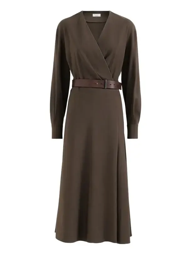 Brunello Cucinelli Women's Comfort Virgin Wool and Viscose Twill Dress with Belt and Monili - Pine Cone Brown