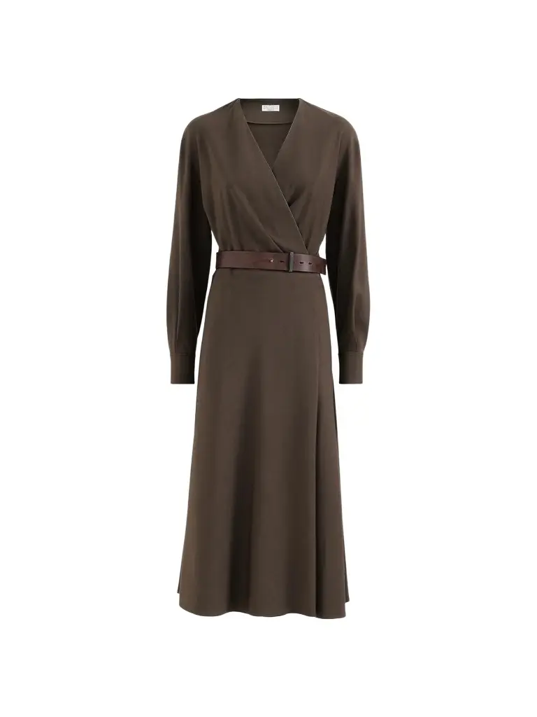 Women's Comfort Virgin Wool and Viscose Twill Dress with Belt and Monili - Pine Cone Brown
