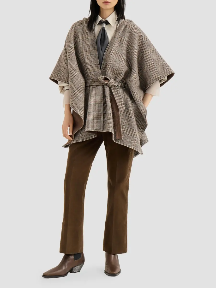Brunello Cucinelli Women's Hand-Crafted Reversible Hooded Poncho in Cashmere Prince of Wales Double Cloth | Thumbnail 2 Brunello Cucinelli Women's Hand-Crafted Reversible Hooded Poncho in Cashmere Prince of Wales Double Cloth | Thumbnail 2