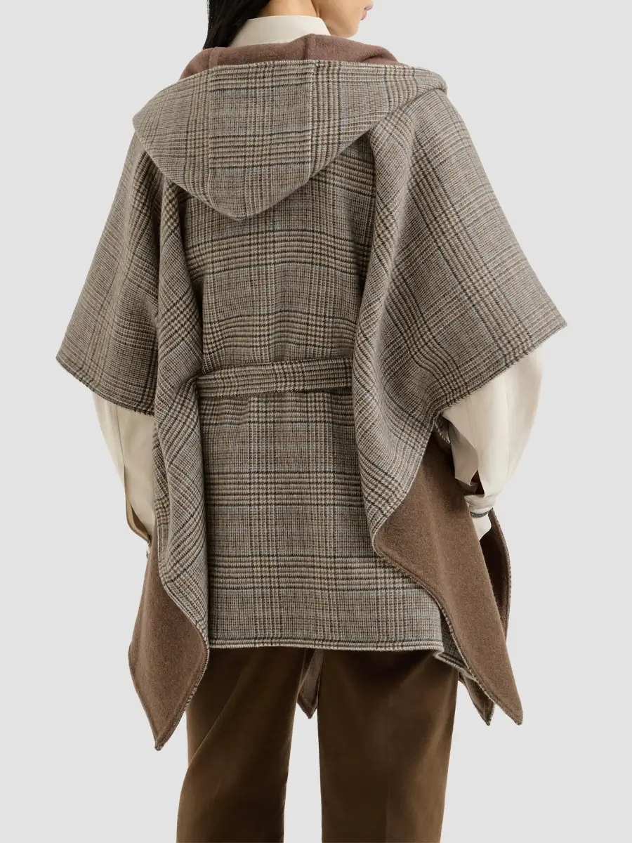 Brunello Cucinelli Women's Hand-Crafted Reversible Hooded Poncho in Cashmere Prince of Wales Double Cloth | Thumbnail 4 Brunello Cucinelli Women's Hand-Crafted Reversible Hooded Poncho in Cashmere Prince of Wales Double Cloth | Thumbnail 4