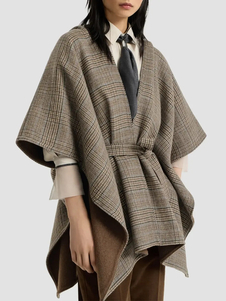 Brunello Cucinelli Women's Hand-Crafted Reversible Hooded Poncho in Cashmere Prince of Wales Double Cloth | Thumbnail 5 Brunello Cucinelli Women's Hand-Crafted Reversible Hooded Poncho in Cashmere Prince of Wales Double Cloth | Thumbnail 5