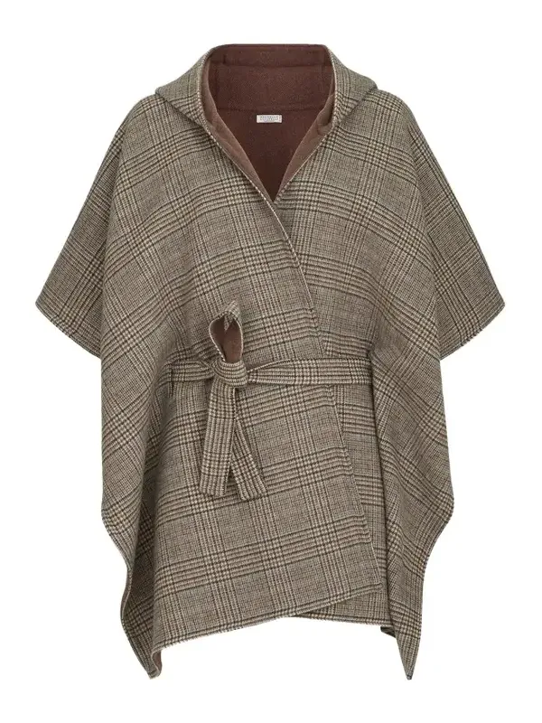 Women's Hand-Crafted Reversible Hooded Poncho in Cashmere Prince of Wales Double Cloth