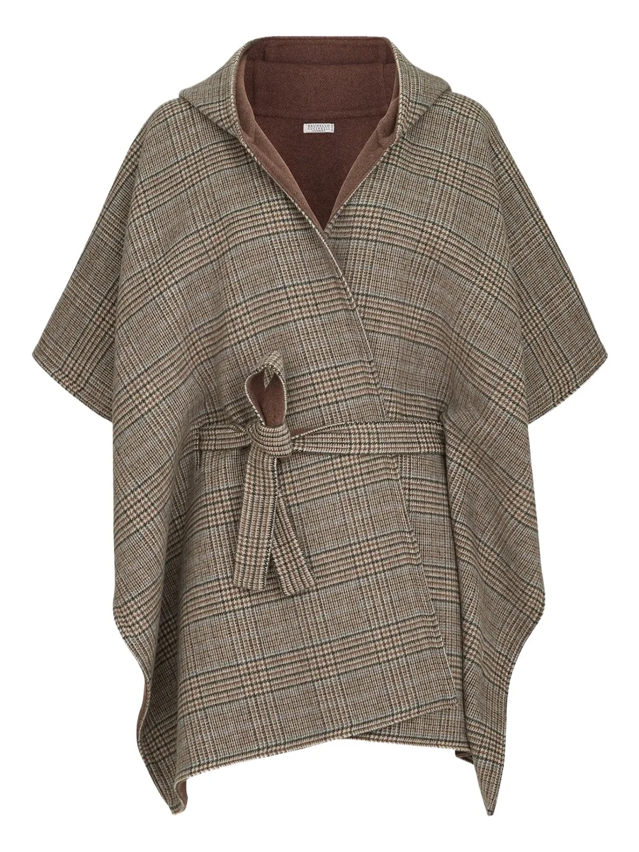Women's Hand-Crafted Reversible Hooded Poncho in Cashmere Prince of Wales Double Cloth Women's Hand-Crafted Reversible Hooded Poncho in Cashmere Prince of Wales Double Cloth
