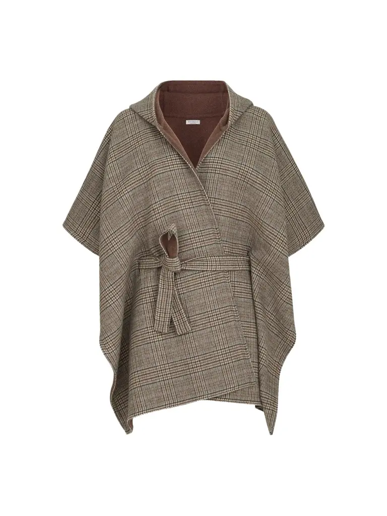 Brunello Cucinelli Women's Hand-Crafted Reversible Hooded Poncho in Cashmere Prince of Wales Double Cloth
